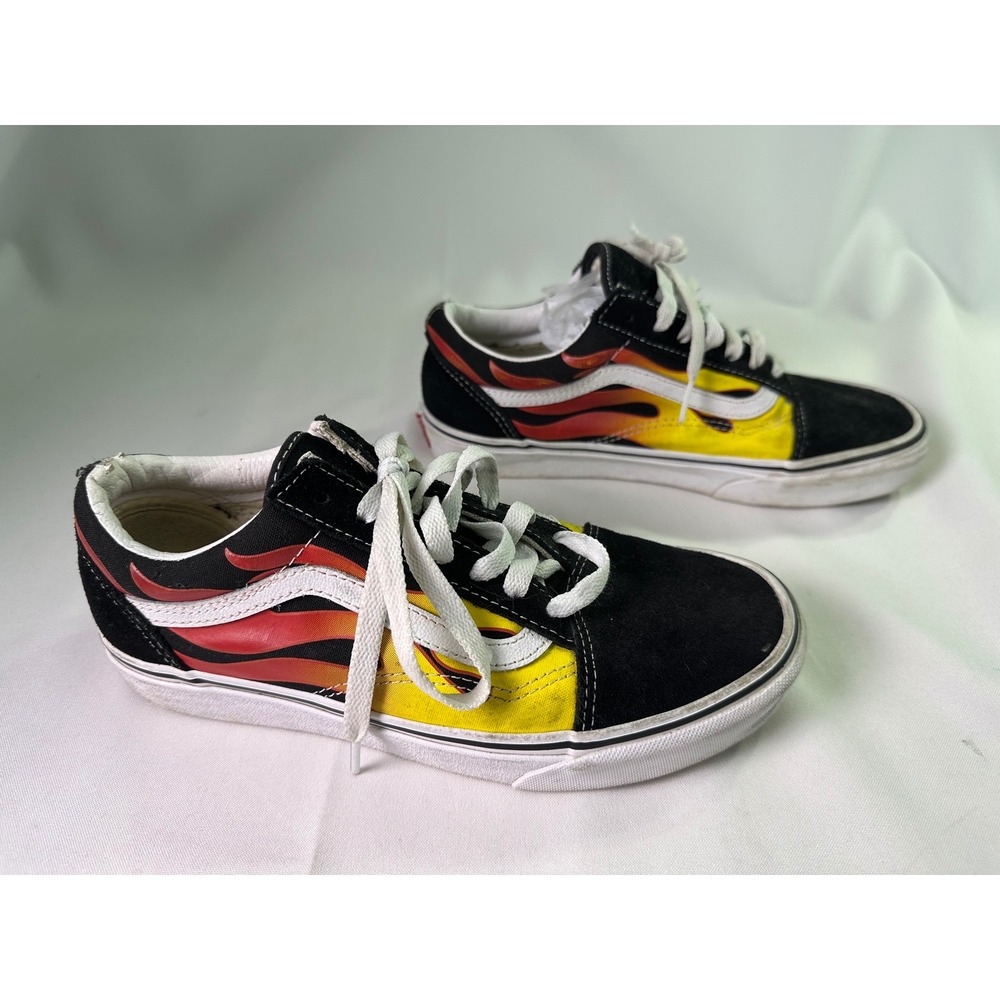Vans Old Skool Flame Black Red Yellow Skate Shoes Men 6 Women‎ 7.5 Suede Low Top